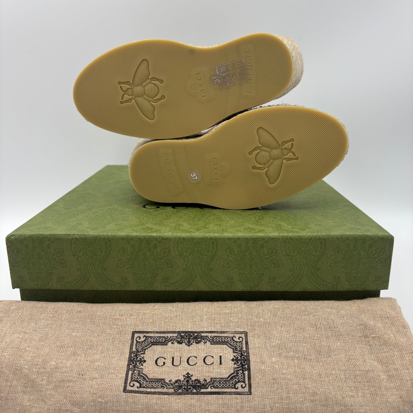 Gucci Canvas Grossgrain Embroidered Judit Ankle Wrap Platform Size 37 ✨