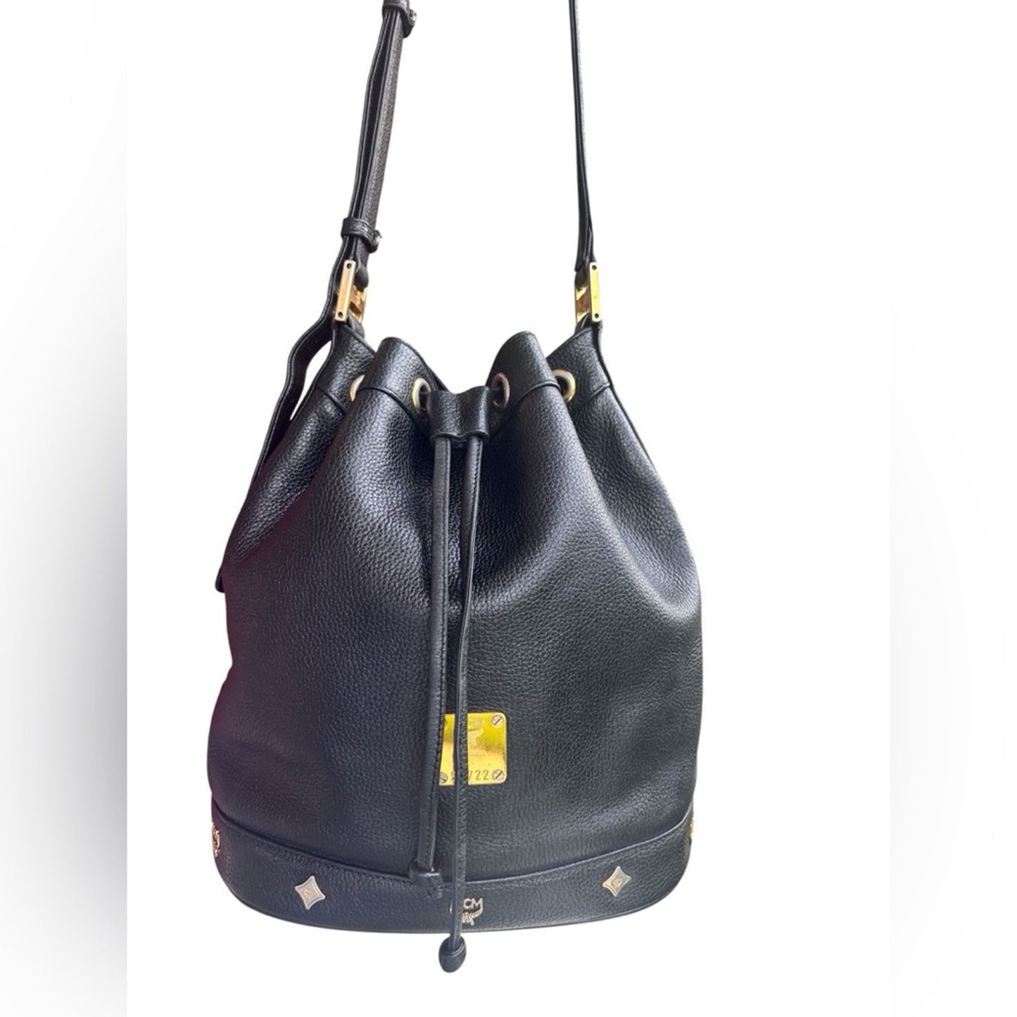 MCM Black Leather Drawstring Bucket Bag Visetos Logo Gold Hardware Shoulder Bag