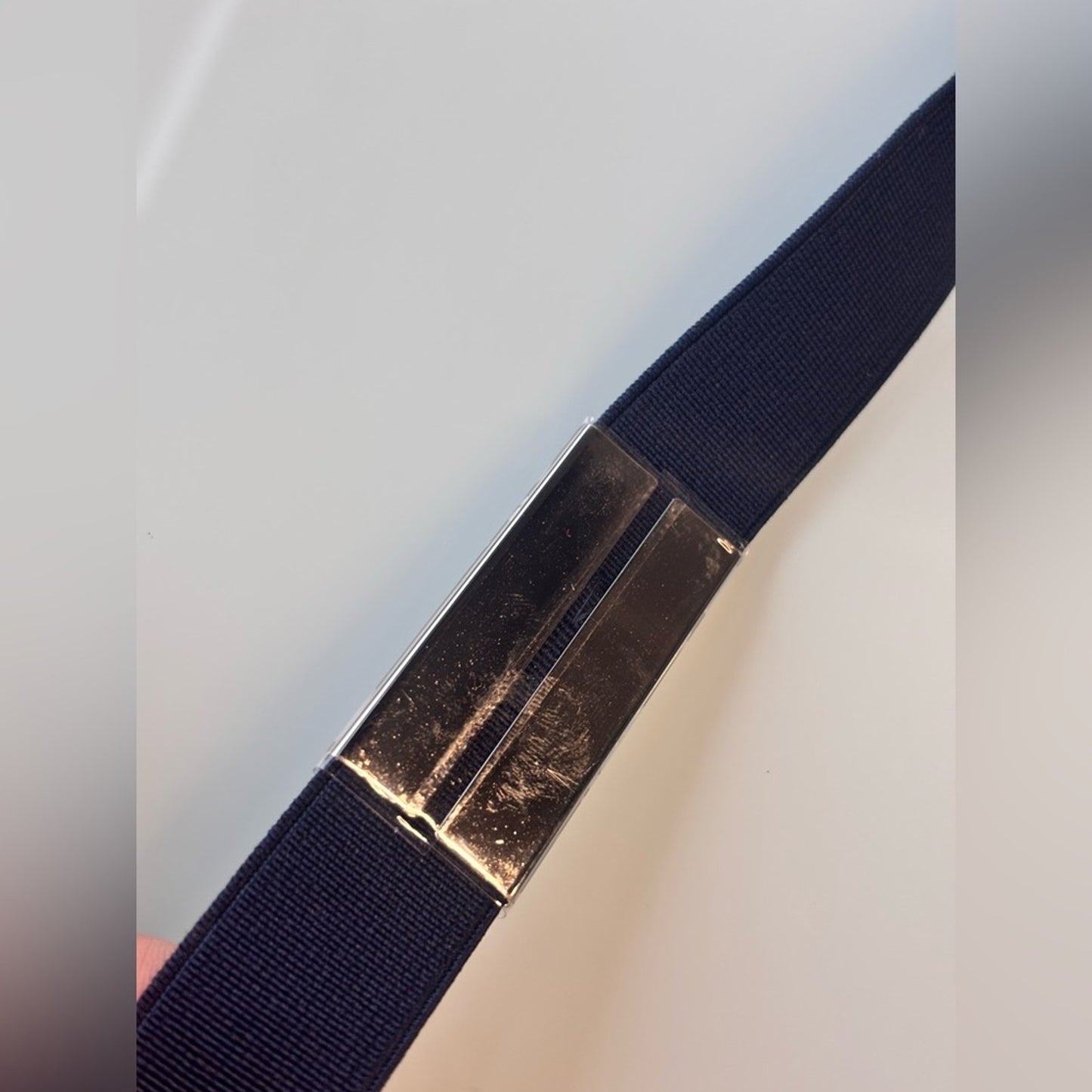 Prada Navy Elastic Belt with Silver Logo Plaque