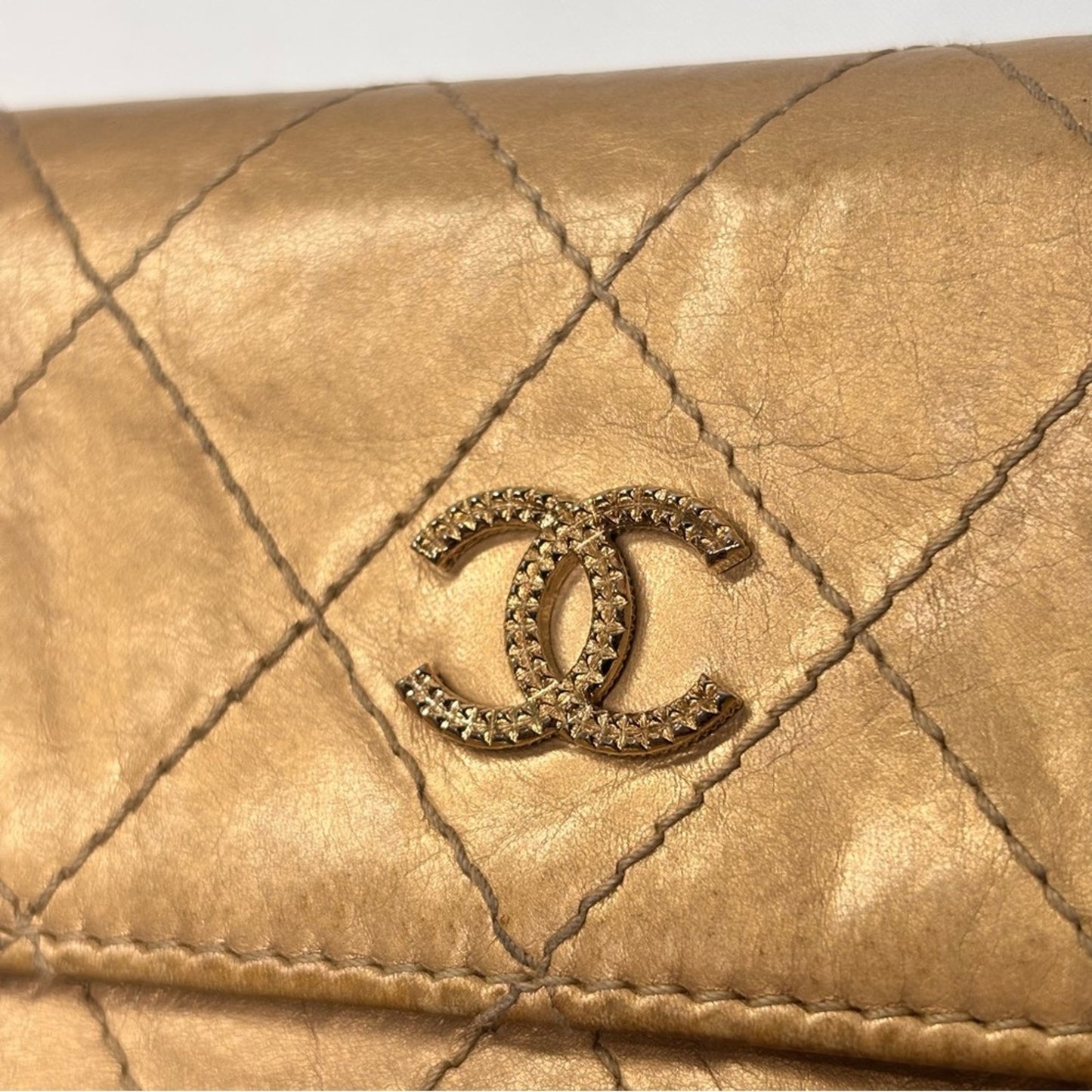 Chanel Long Flap in Gold Metalic Calfskin leather Quilted Wallet ✨