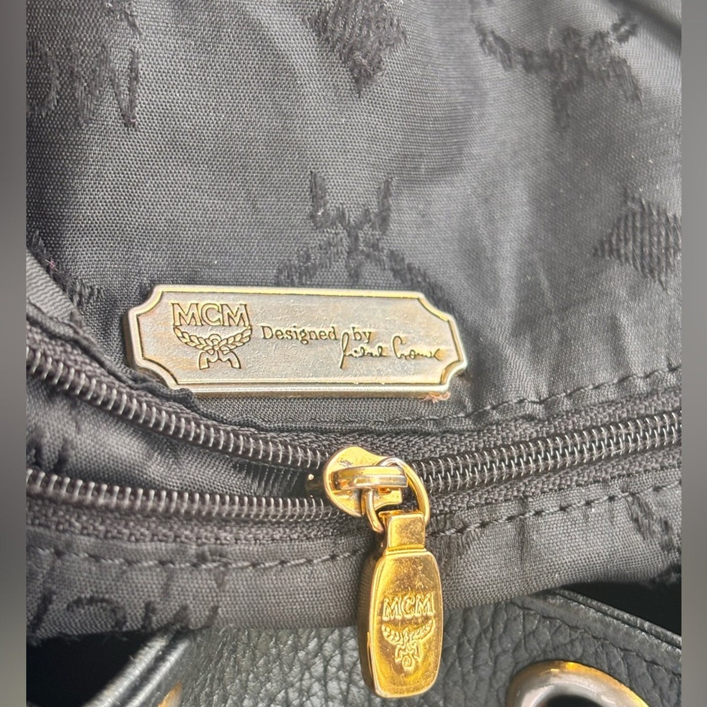 MCM Black Leather Drawstring Bucket Bag Visetos Logo Gold Hardware Shoulder Bag