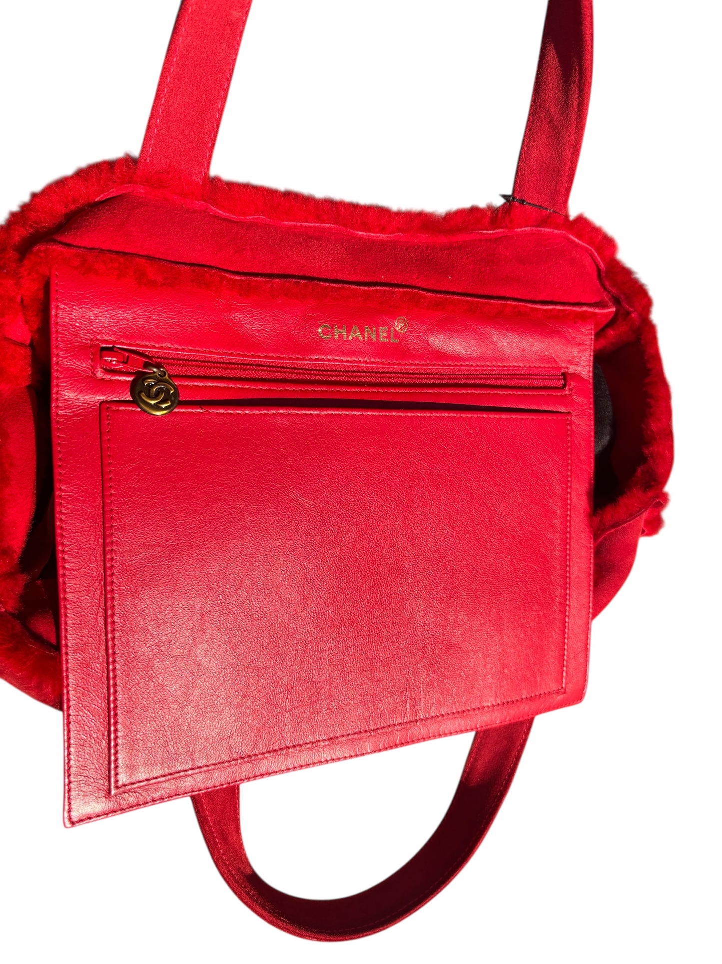 Chanel Mouton Red Suede Shearling Fur Tote✨