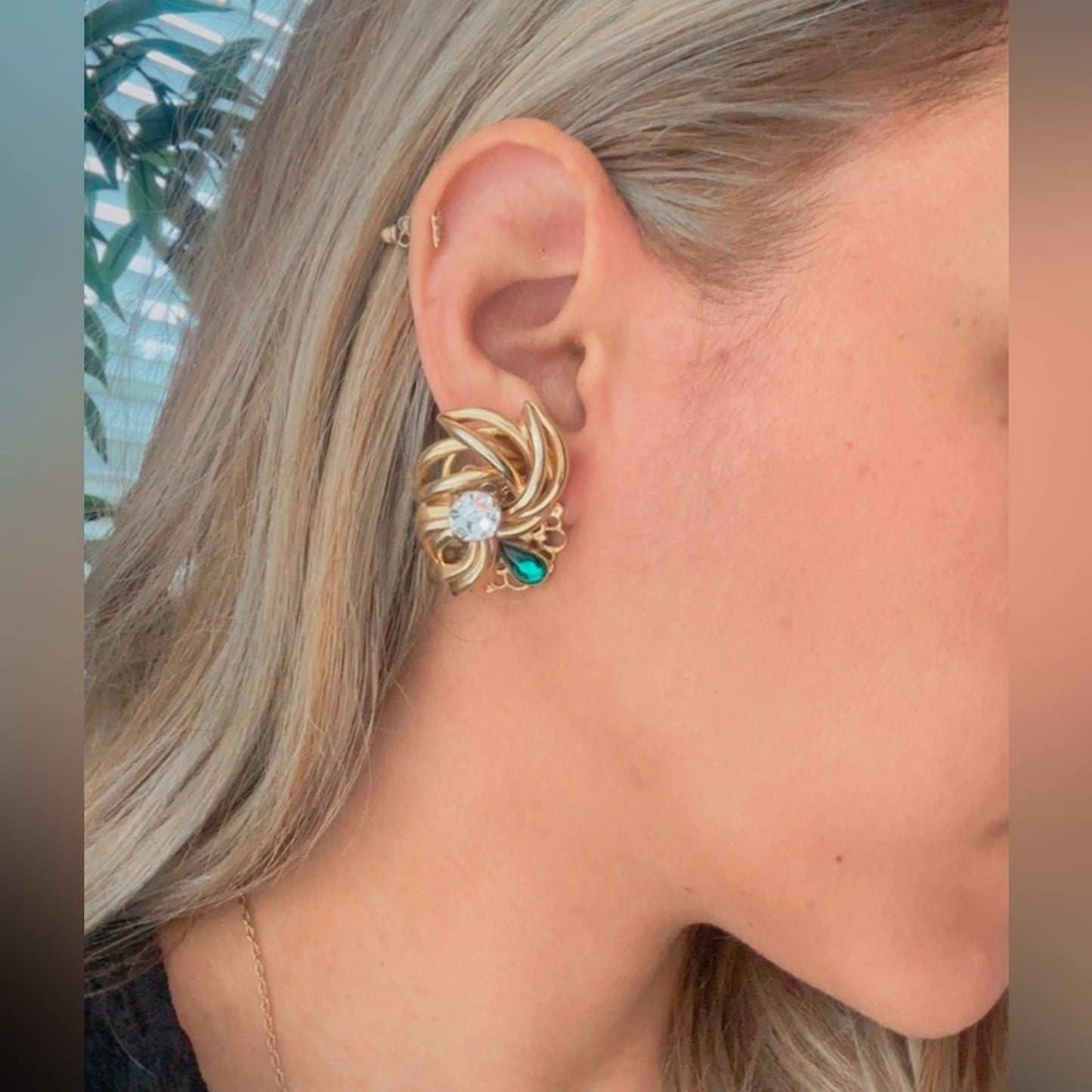 Vintage Gold-Tone Swirl Earrings with green marquees and Clear Stones ✨