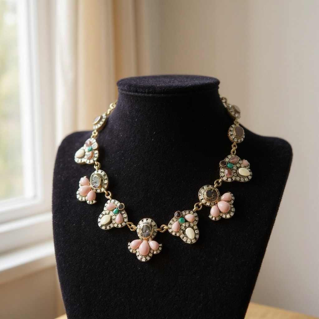 Chloe + Isabel Vintage Inspired Statement Necklace with Pink, Green & Crystal Accents - New✨