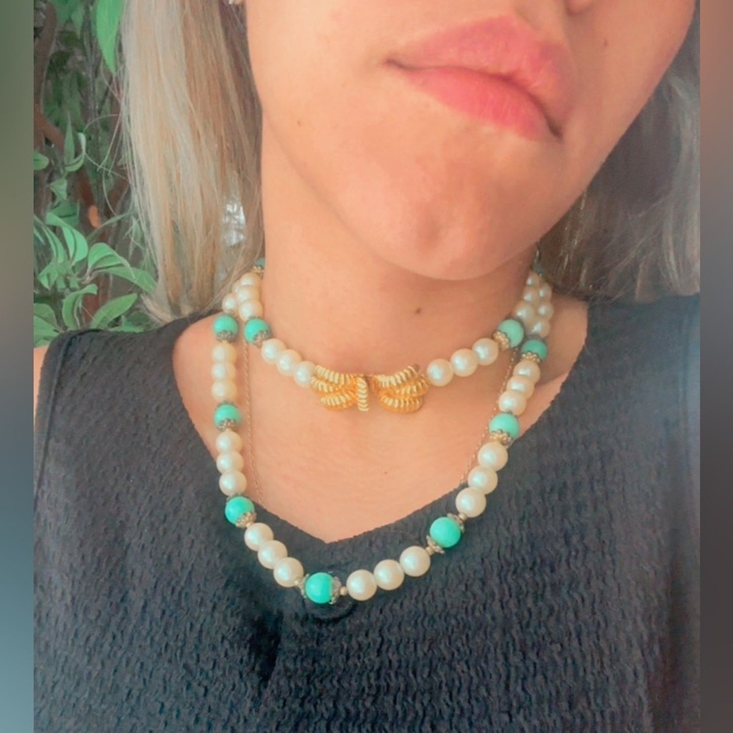 Mimi di N Gold plated Bow Pearl & Turquoise Bead Double Strand Necklace