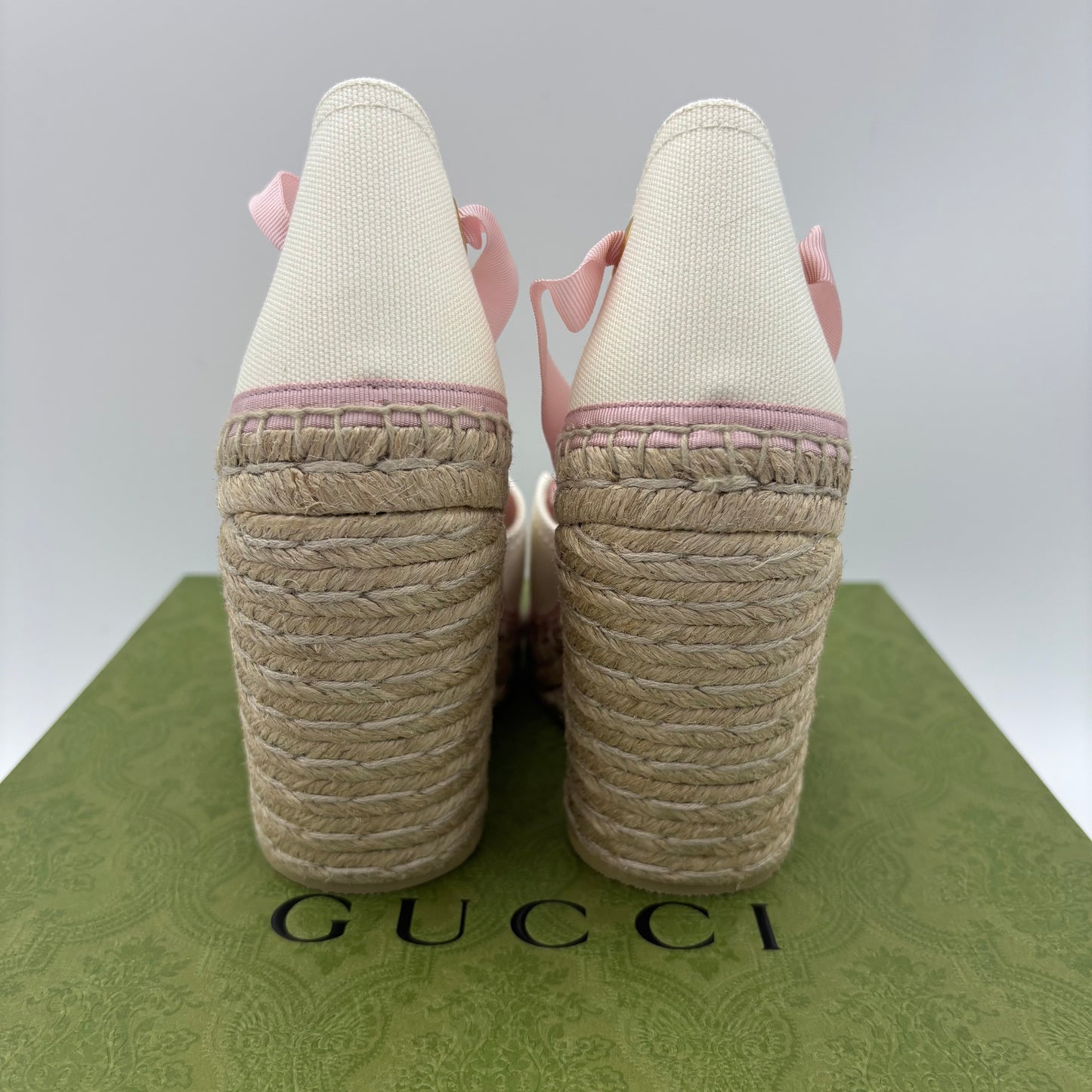 Gucci Canvas Grossgrain Embroidered Judit Ankle Wrap Platform Size 37 ✨