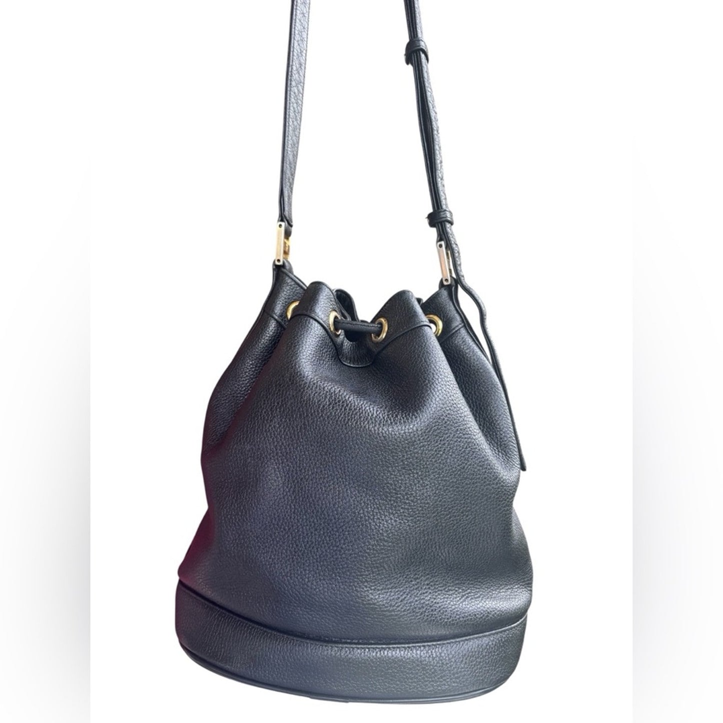 MCM Black Leather Drawstring Bucket Bag Visetos Logo Gold Hardware Shoulder Bag