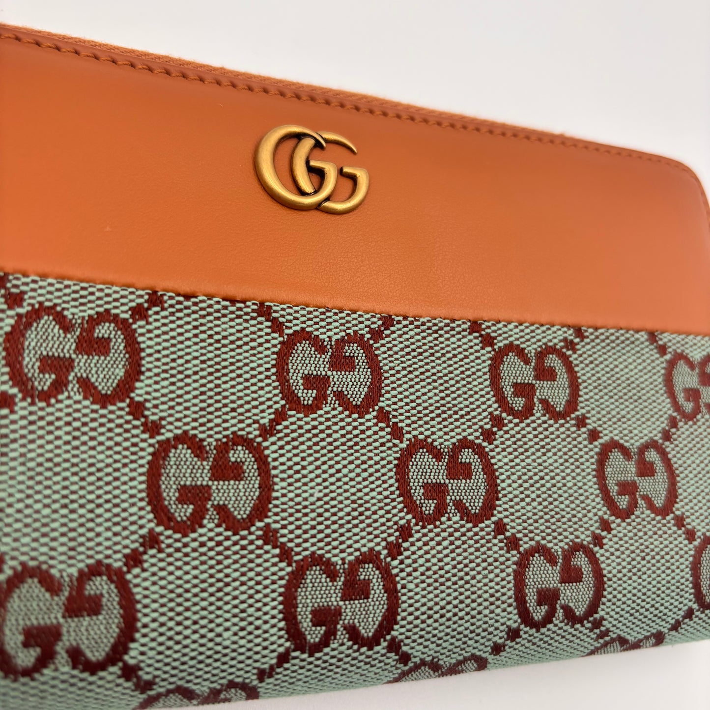 Gucci GG Canvas Leather Zippy Wallet Pale Blue x Brown ✨