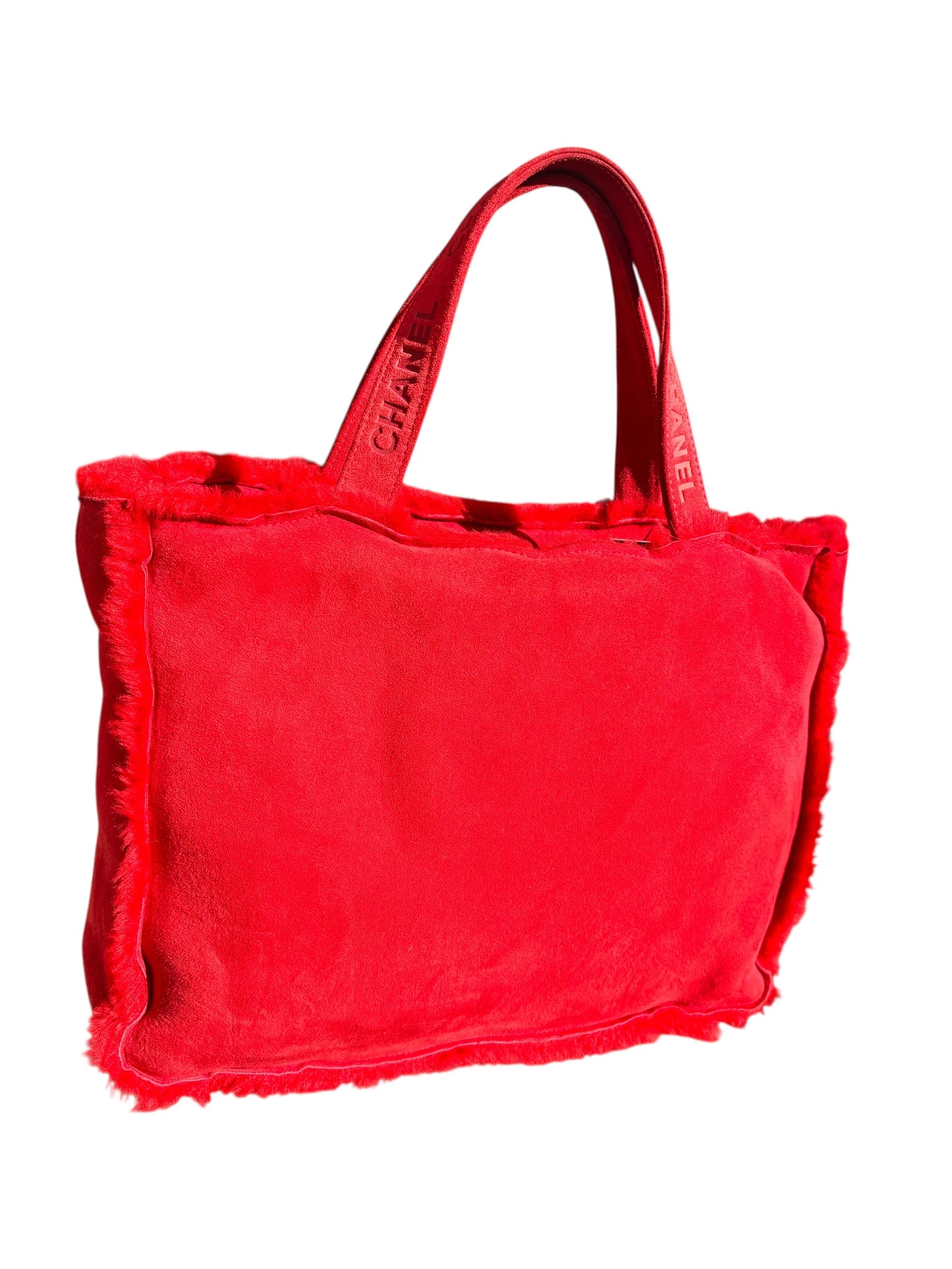 Chanel Mouton Red Suede Shearling Fur Tote✨