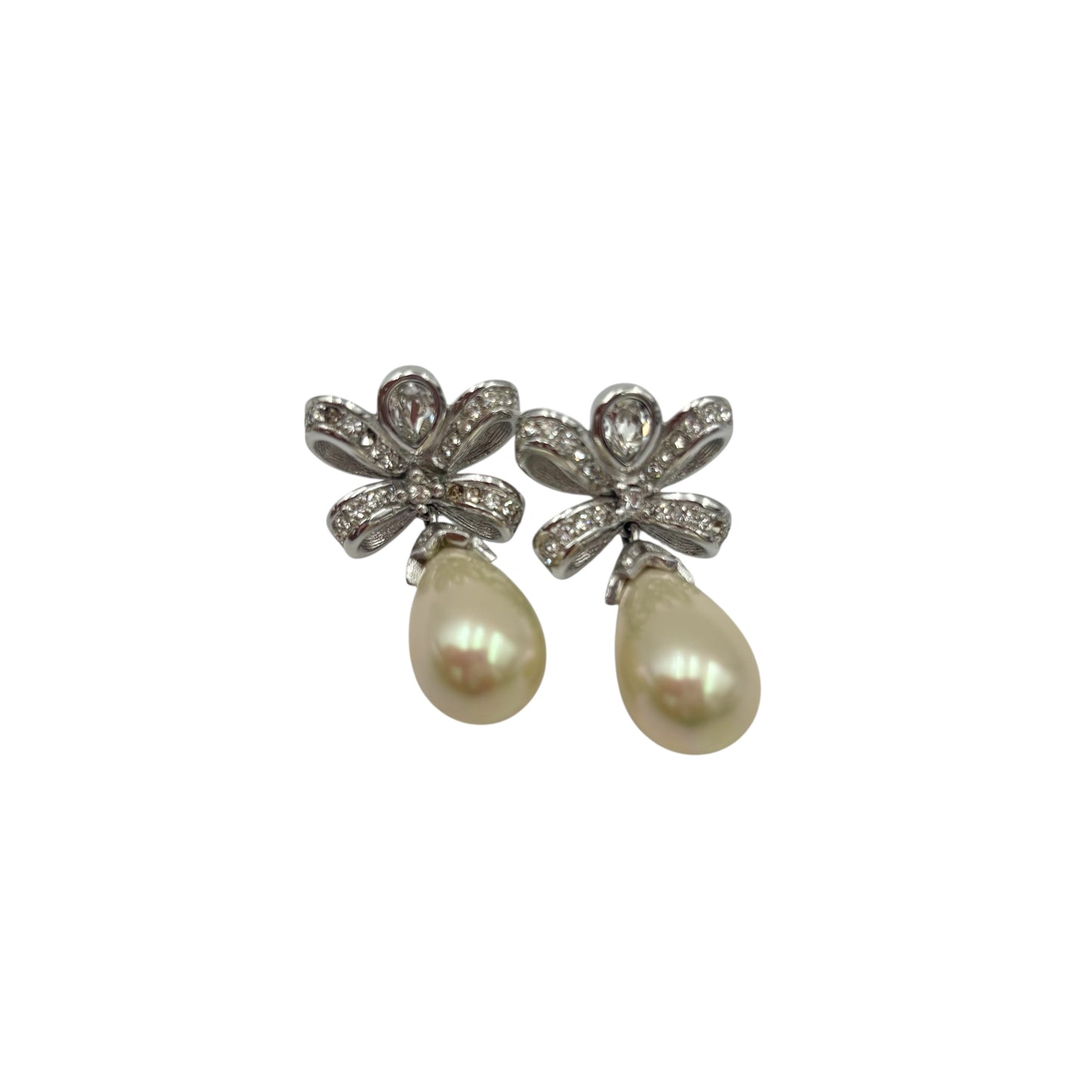 Vintage Christian Dior Crystal Bow Clip Earrings With Drop Faux Pearl - Pre Owned ✨