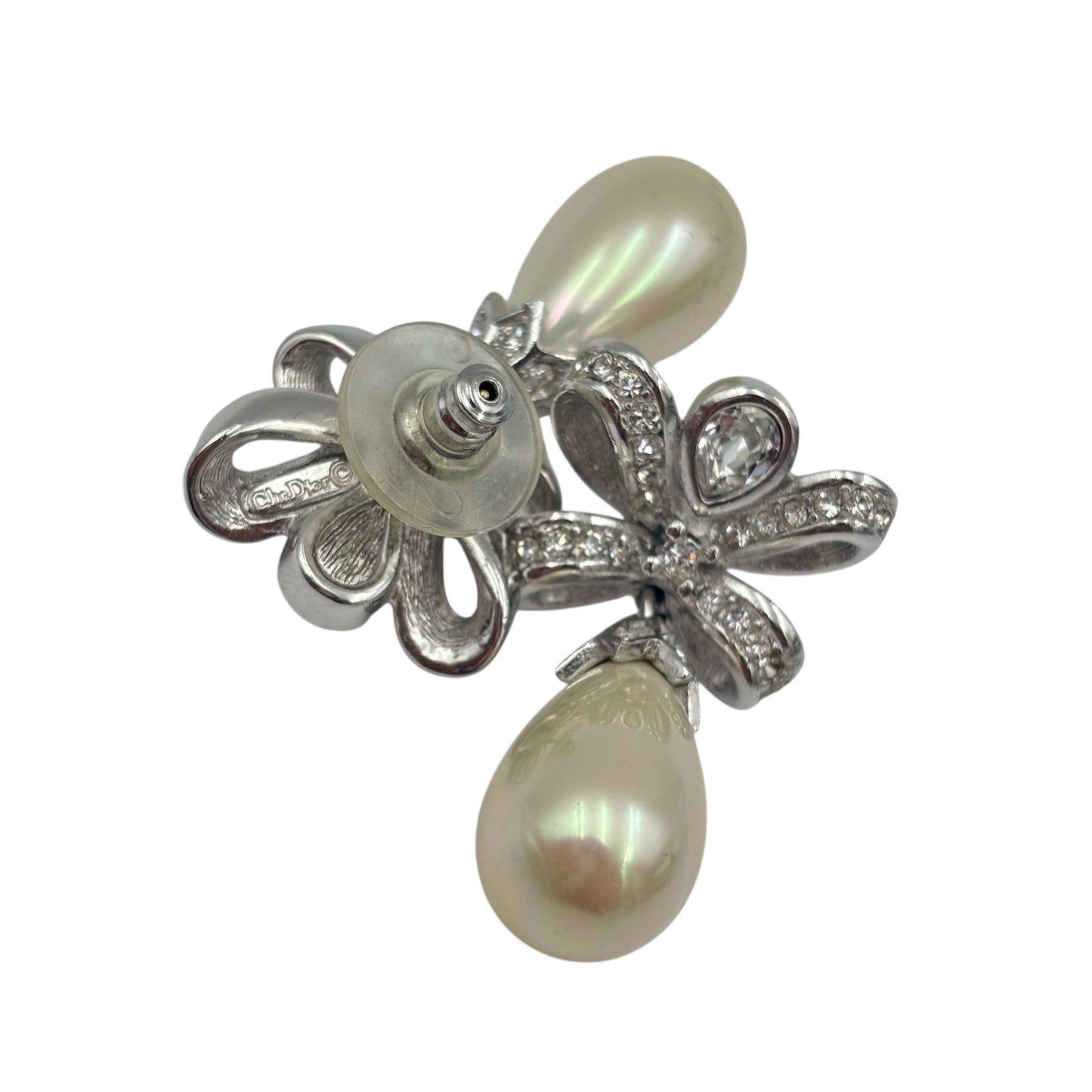 Vintage Christian Dior Crystal Bow Clip Earrings With Drop Faux Pearl - Pre Owned ✨