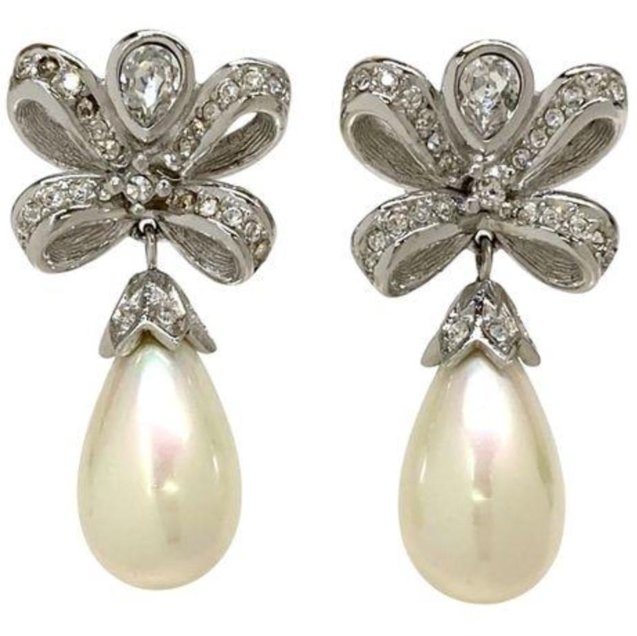 Vintage Christian Dior Crystal Bow Clip Earrings With Drop Faux Pearl - Pre Owned ✨