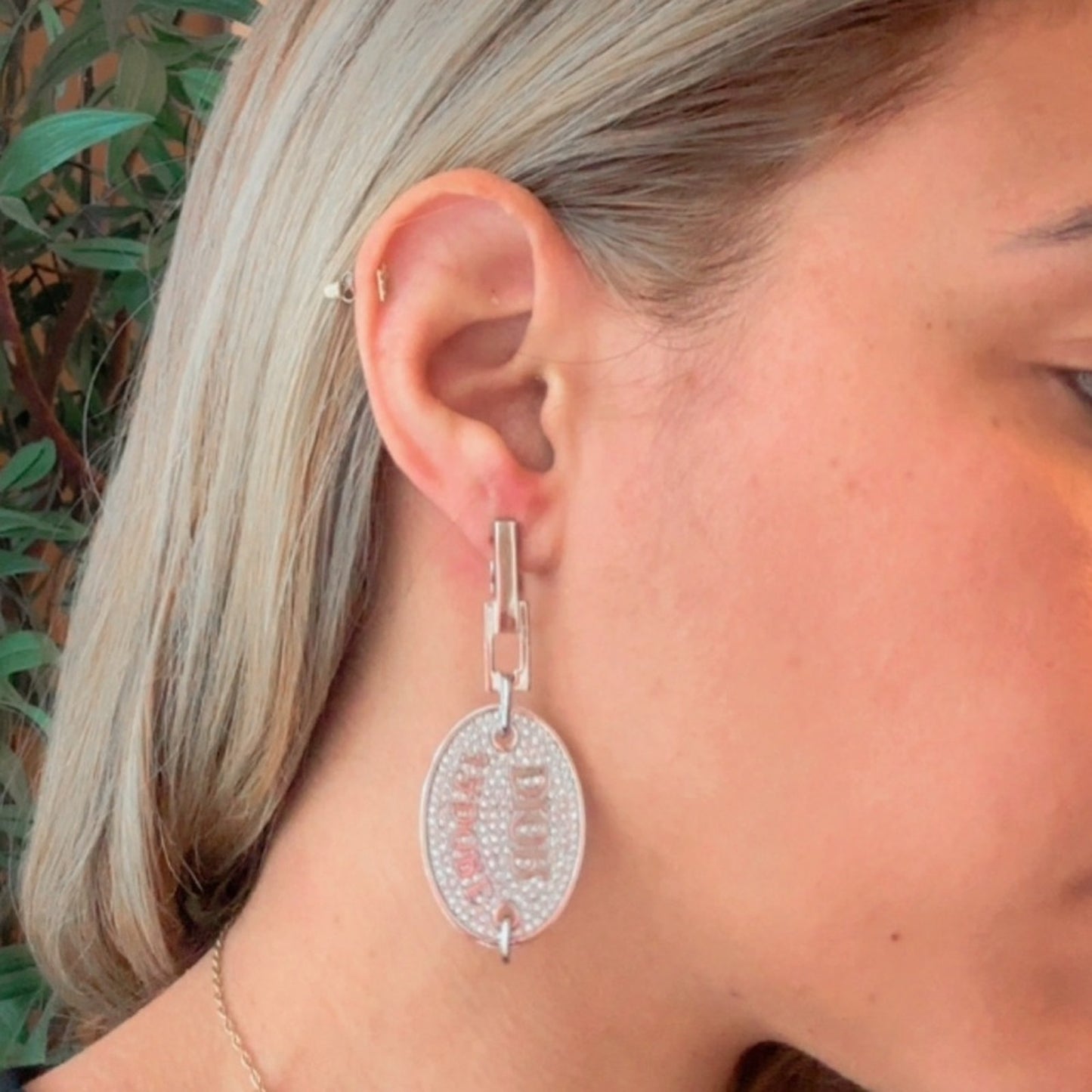 Dior Vintage Crystal J'Adore Oval Tag Drop Earrings with rhinestones