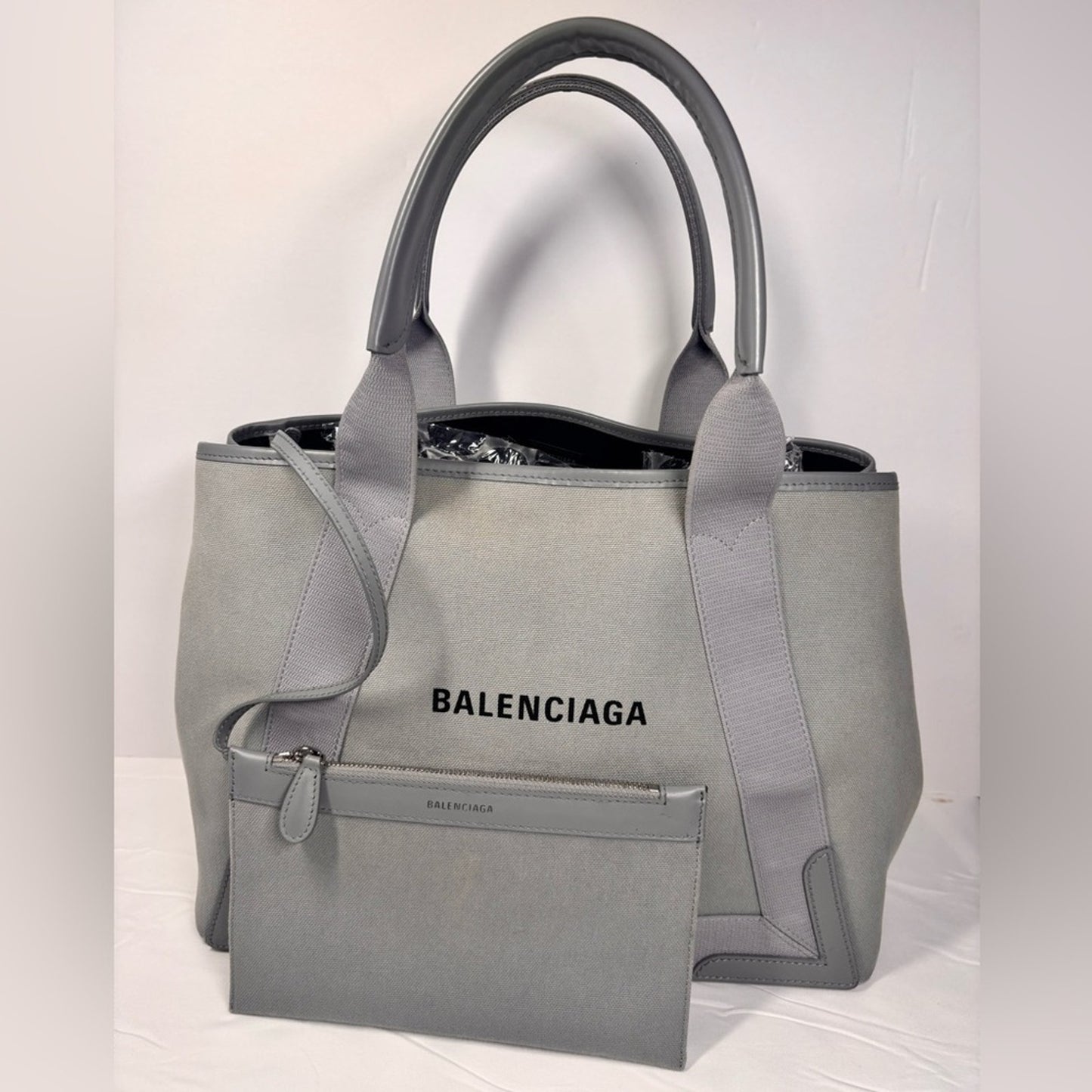Balenciaga Cotton Canvas Silk Calfskin S Navy Cabas Grey with Pouch ✨