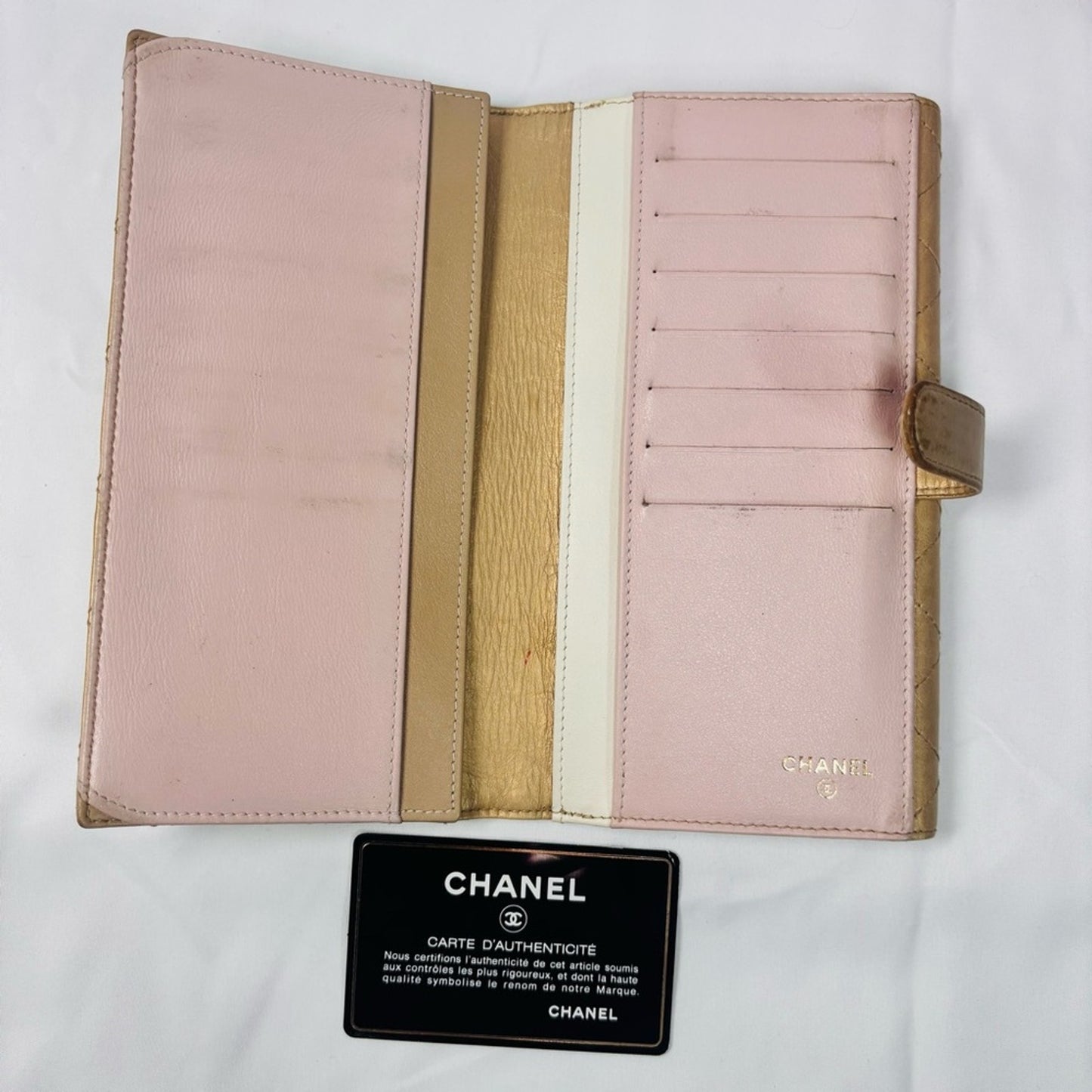 Chanel Long Flap in Gold Metalic Calfskin leather Quilted Wallet ✨