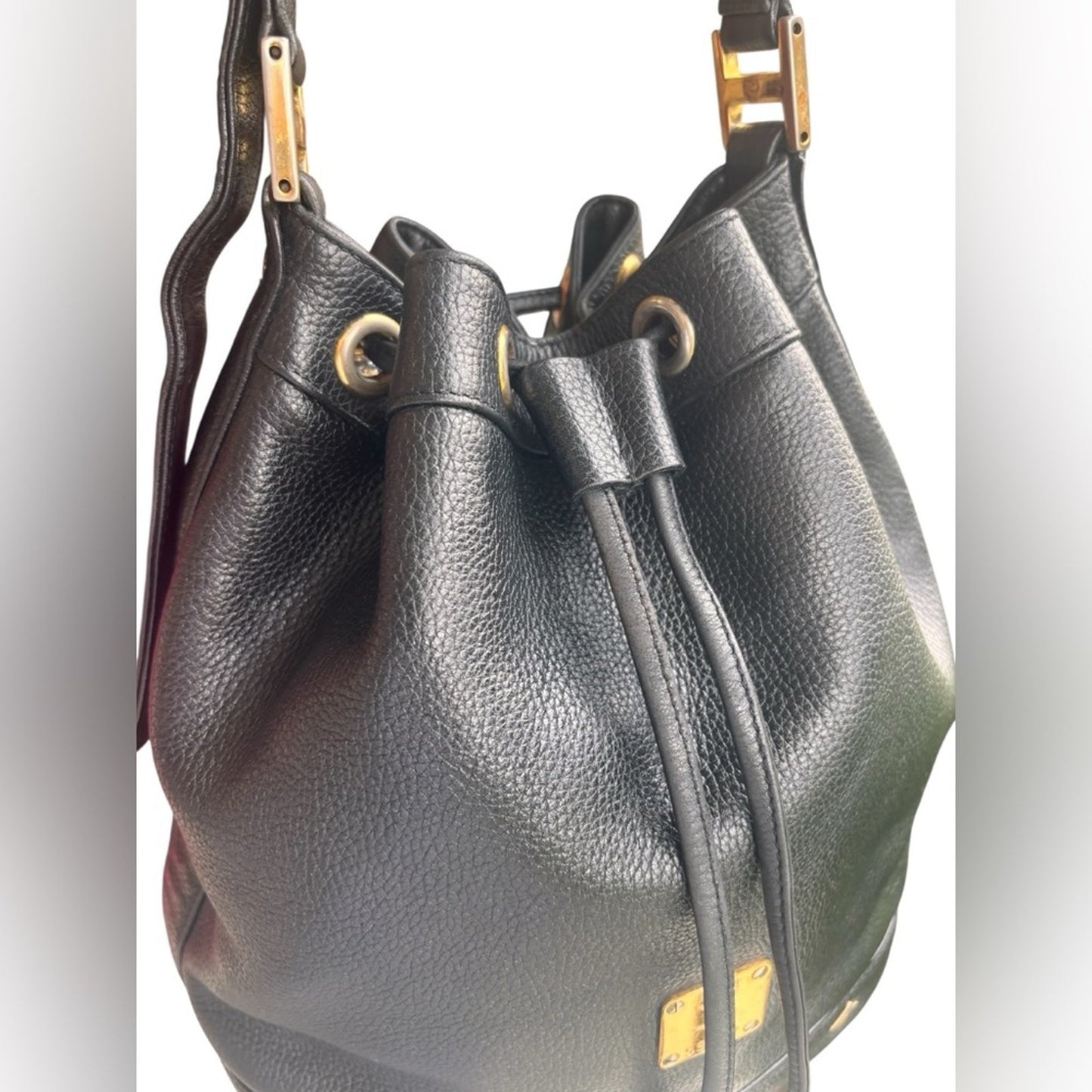 MCM Black Leather Drawstring Bucket Bag Visetos Logo Gold Hardware Shoulder Bag