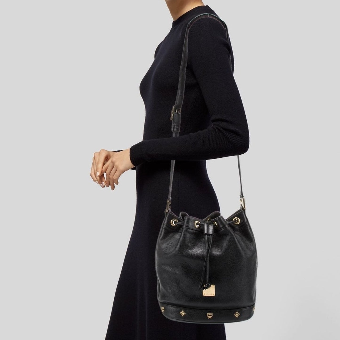 MCM Black Leather Drawstring Bucket Bag Visetos Logo Gold Hardware Shoulder Bag