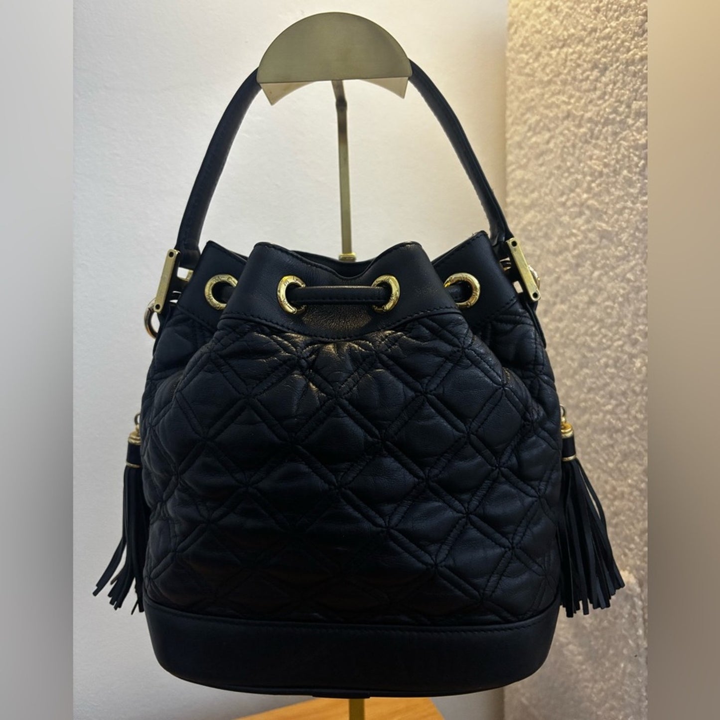 MCM Black Leather Tassel Bucket Bag