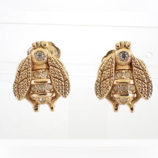 Christian Dior Bee Clip-on Earrings in Gold Metal with Rhinestones