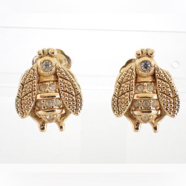 Christian Dior Bee Clip-on Earrings in Gold Metal with Rhinestones