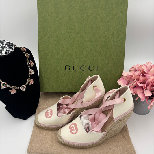 Gucci Canvas Grossgrain Embroidered Judit Ankle Wrap Platform Size 37 ✨
