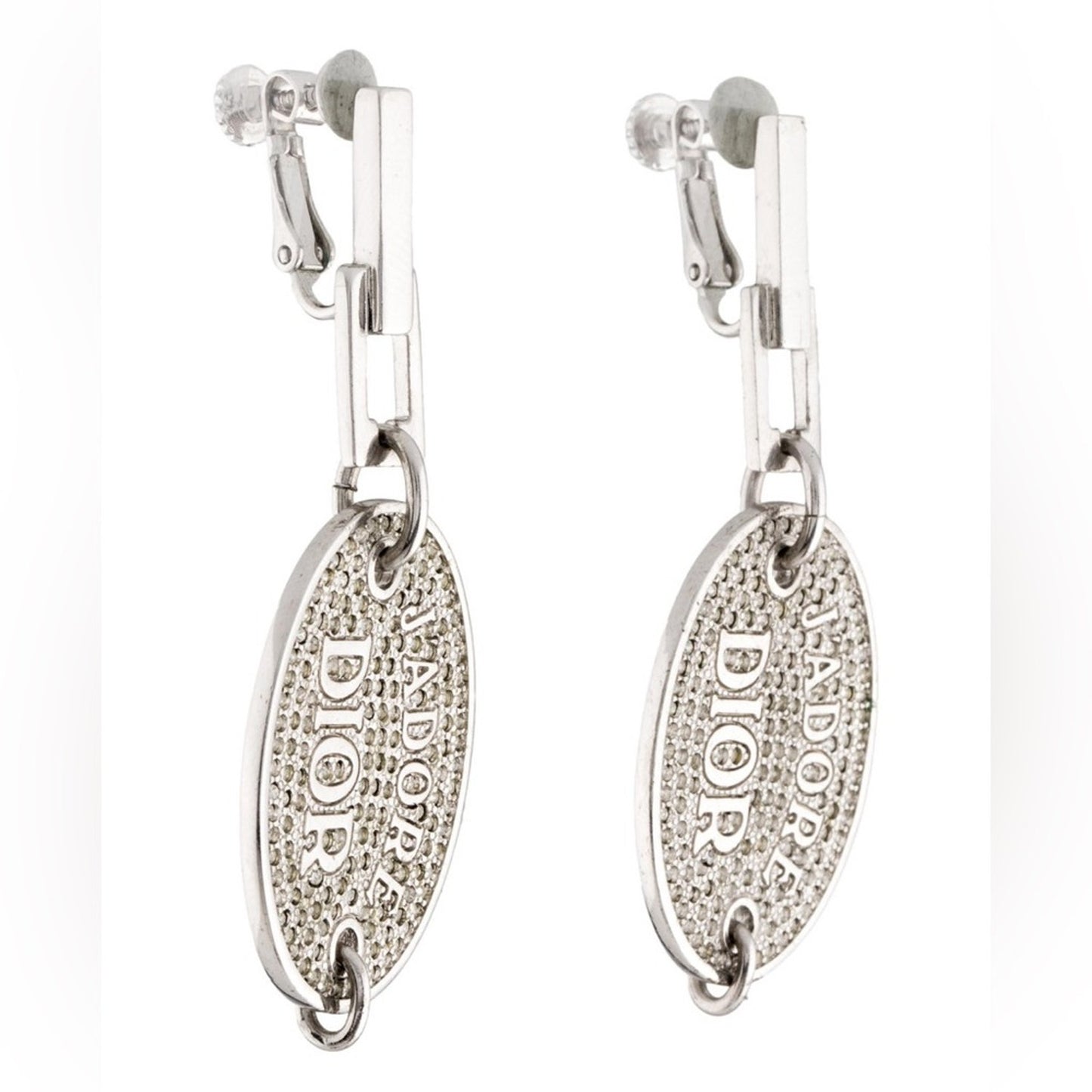 Dior Vintage Crystal J'Adore Oval Tag Drop Earrings with rhinestones