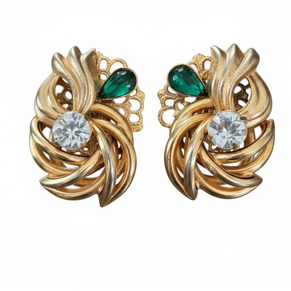 Vintage Gold-Tone Swirl Earrings with green marquees and Clear Stones ✨