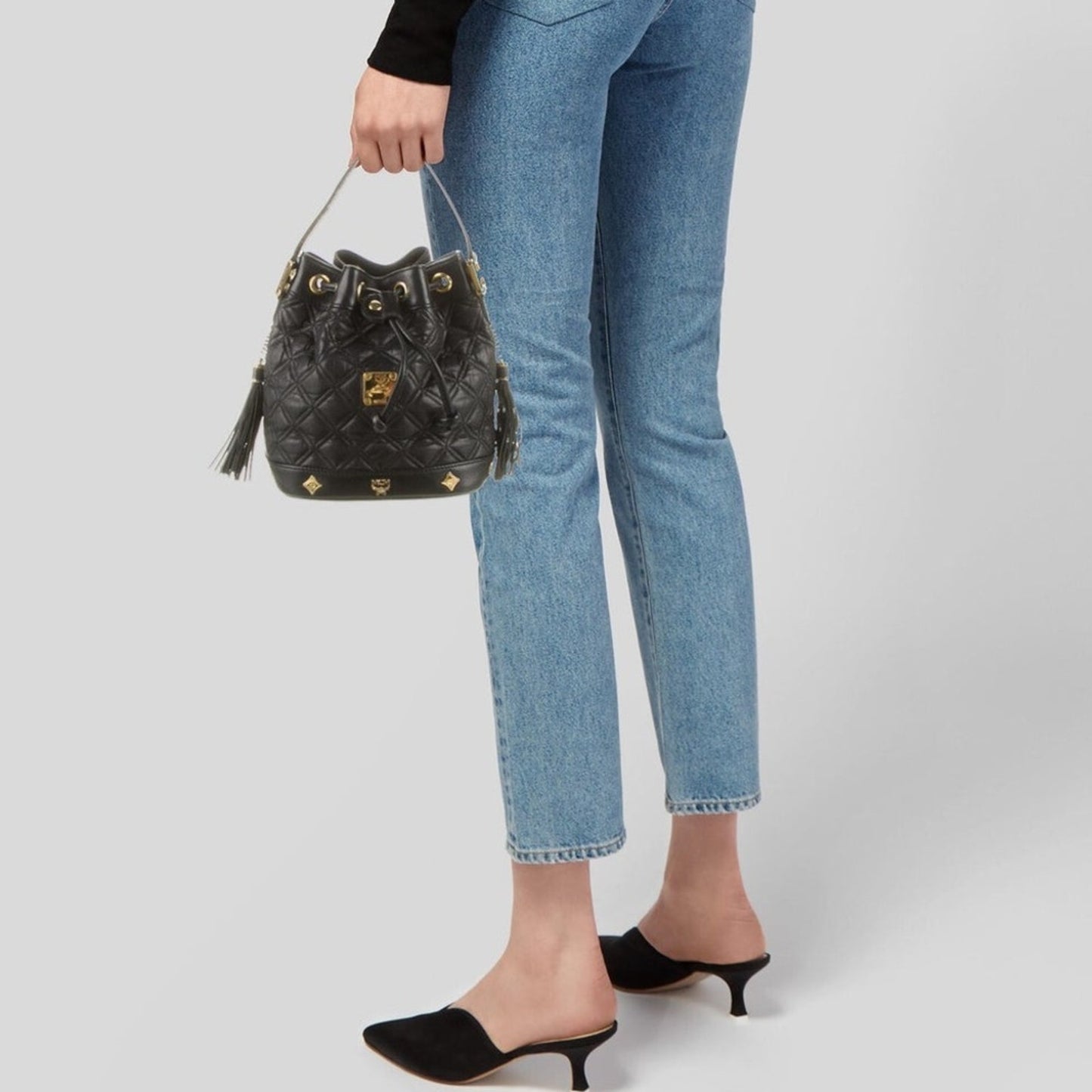 MCM Black Leather Tassel Bucket Bag