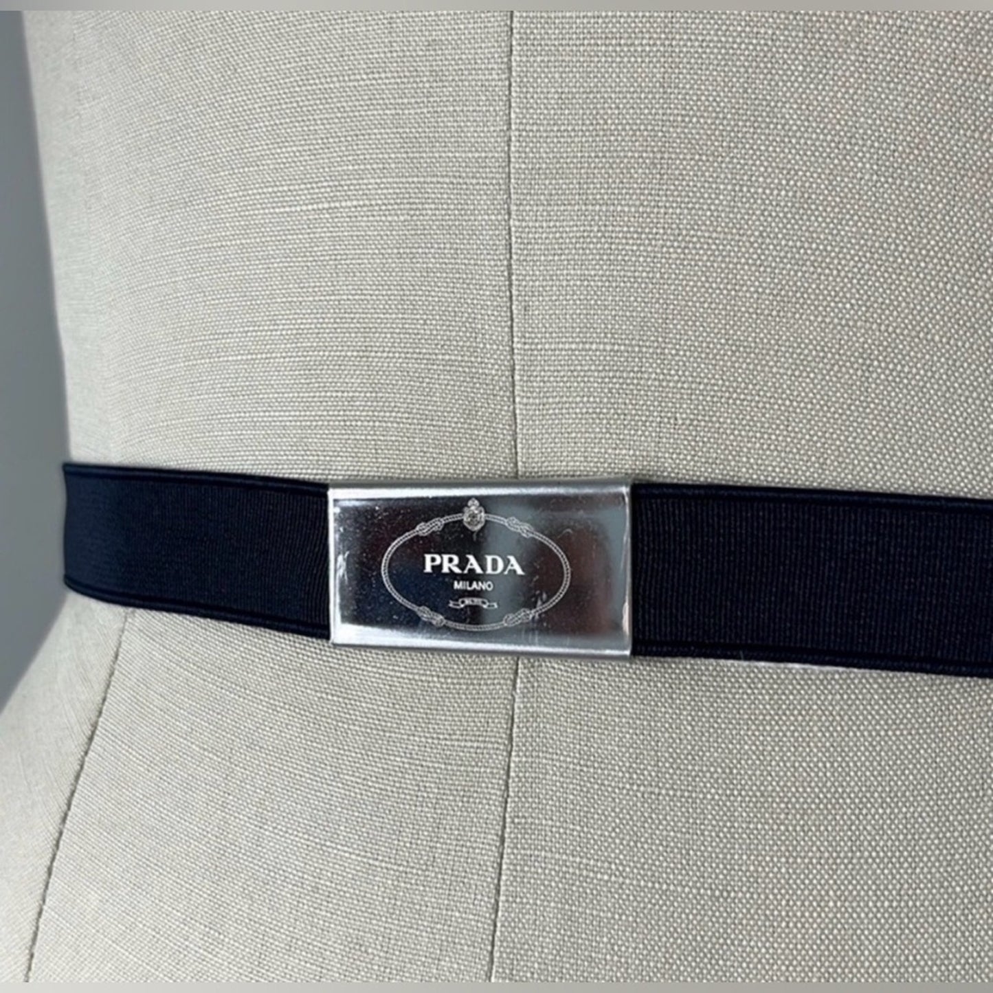 Prada Navy Elastic Belt with Silver Logo Plaque
