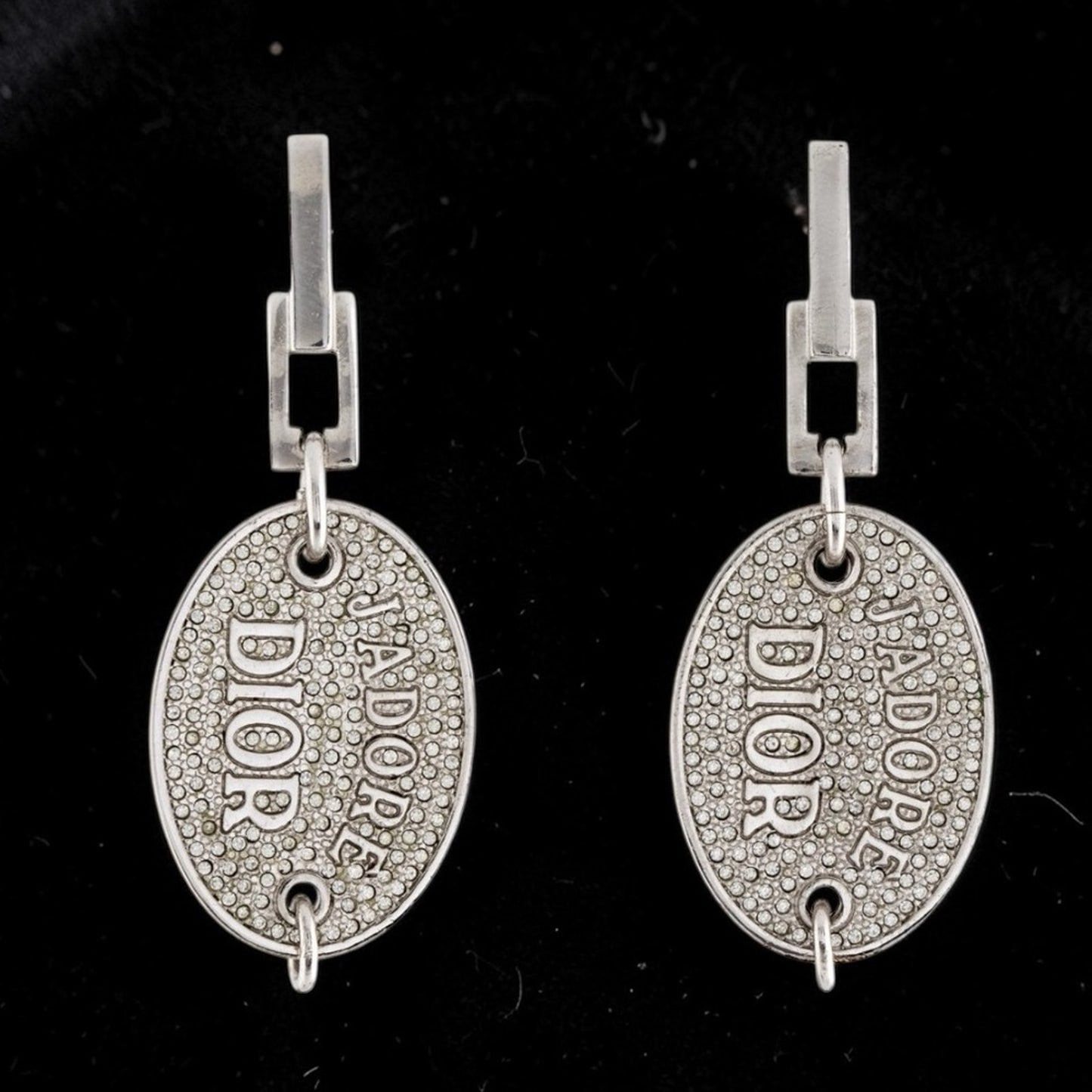 Dior Vintage Crystal J'Adore Oval Tag Drop Earrings with rhinestones