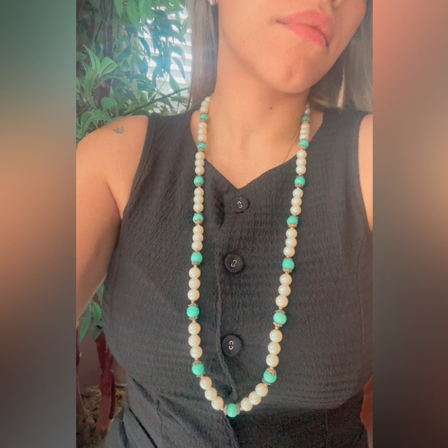 Mimi di N Gold plated Bow Pearl & Turquoise Bead Double Strand Necklace