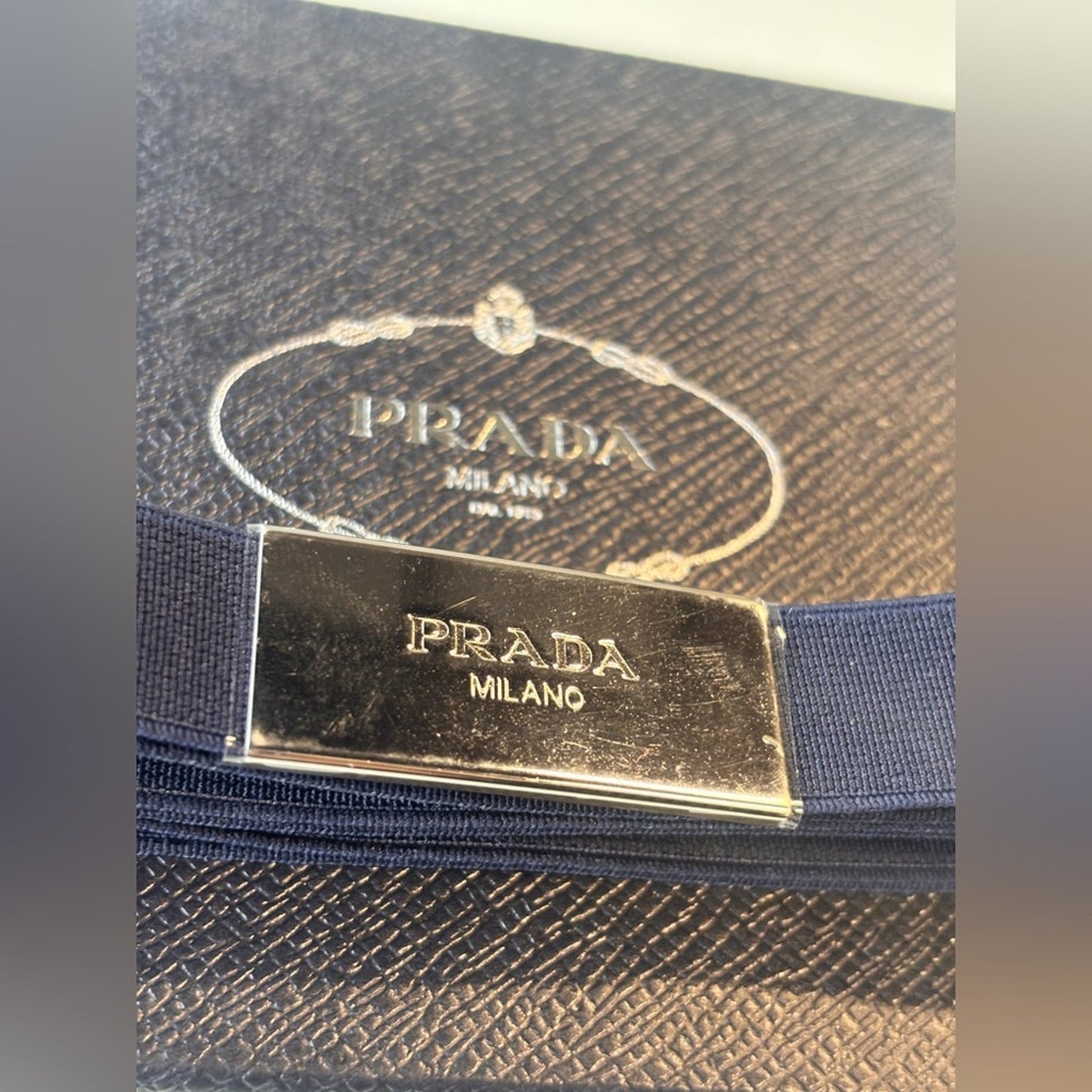 Prada Navy Elastic Belt with Silver Logo Plaque