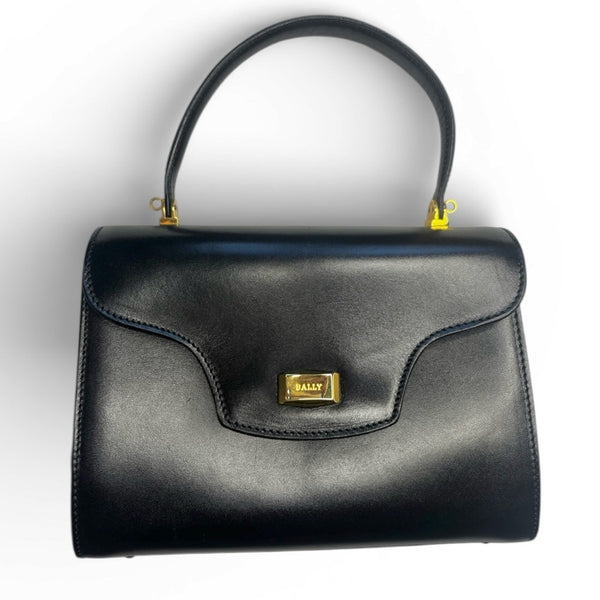 Bally Vintage Black Leather Satchel Crossbody with Gold Accents