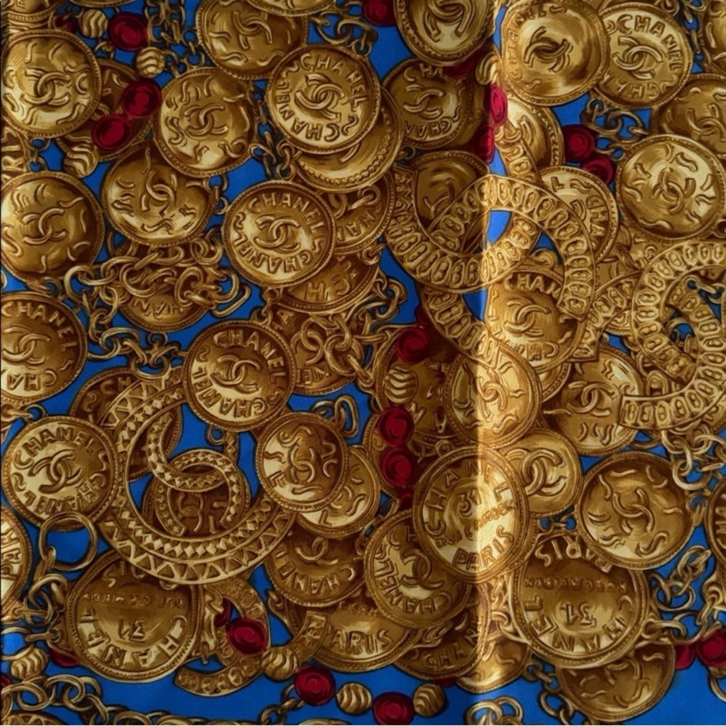 Chanel Royal Blue and Gold Chain Silk Scarf ✨