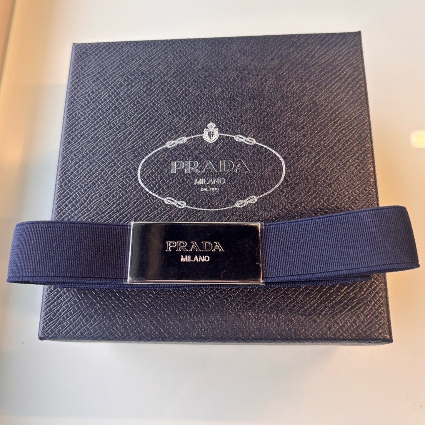 Prada Navy Elastic Belt with Silver Logo Plaque