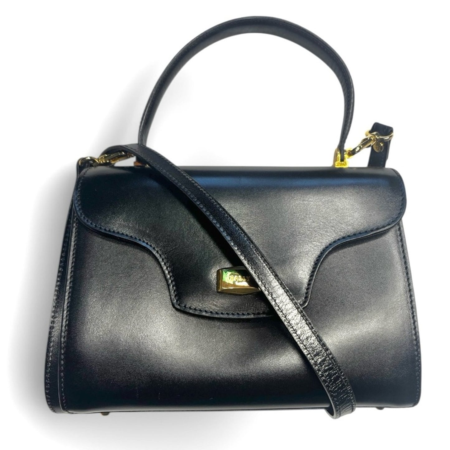 Bally Vintage Black Leather Satchel Crossbody with Gold Accents