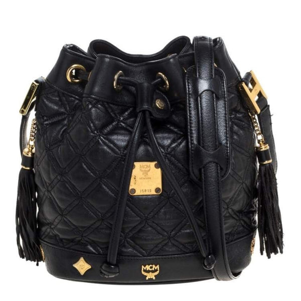 MCM Black Leather Tassel Bucket Bag