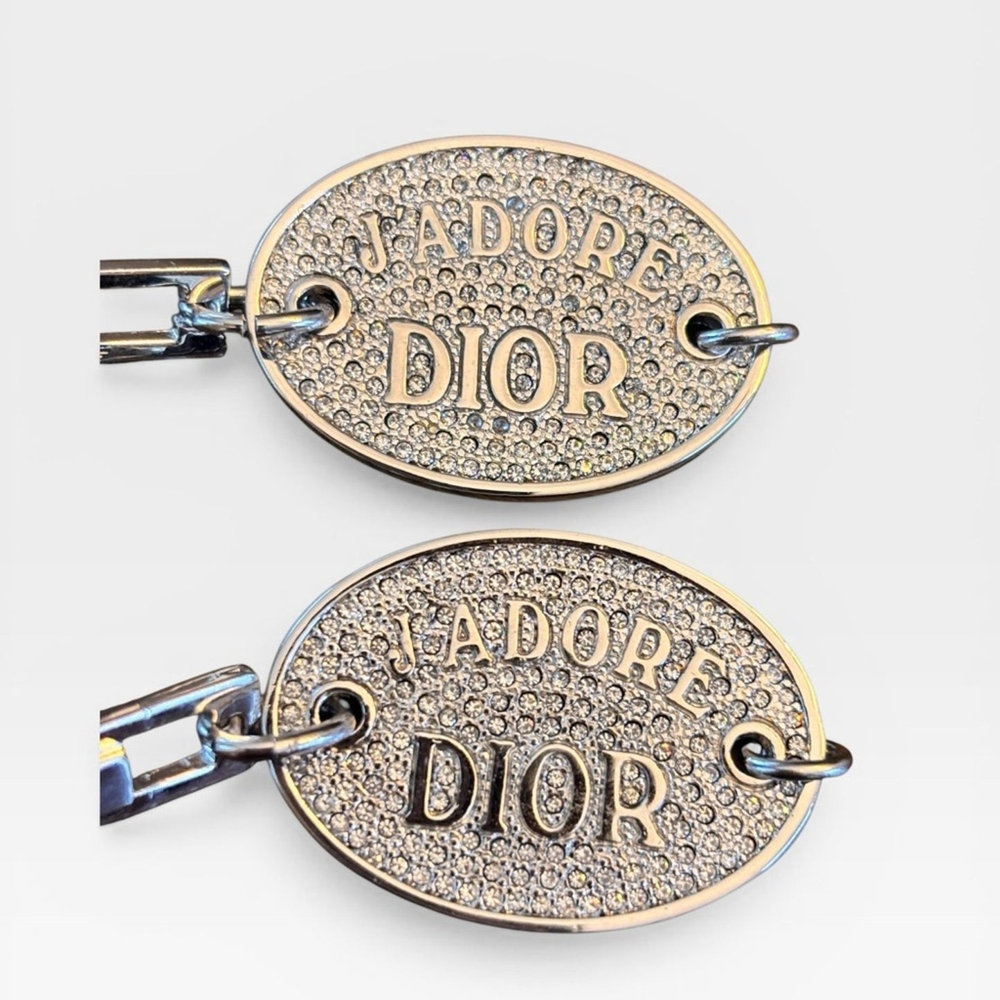 Dior Vintage Crystal J'Adore Oval Tag Drop Earrings with rhinestones