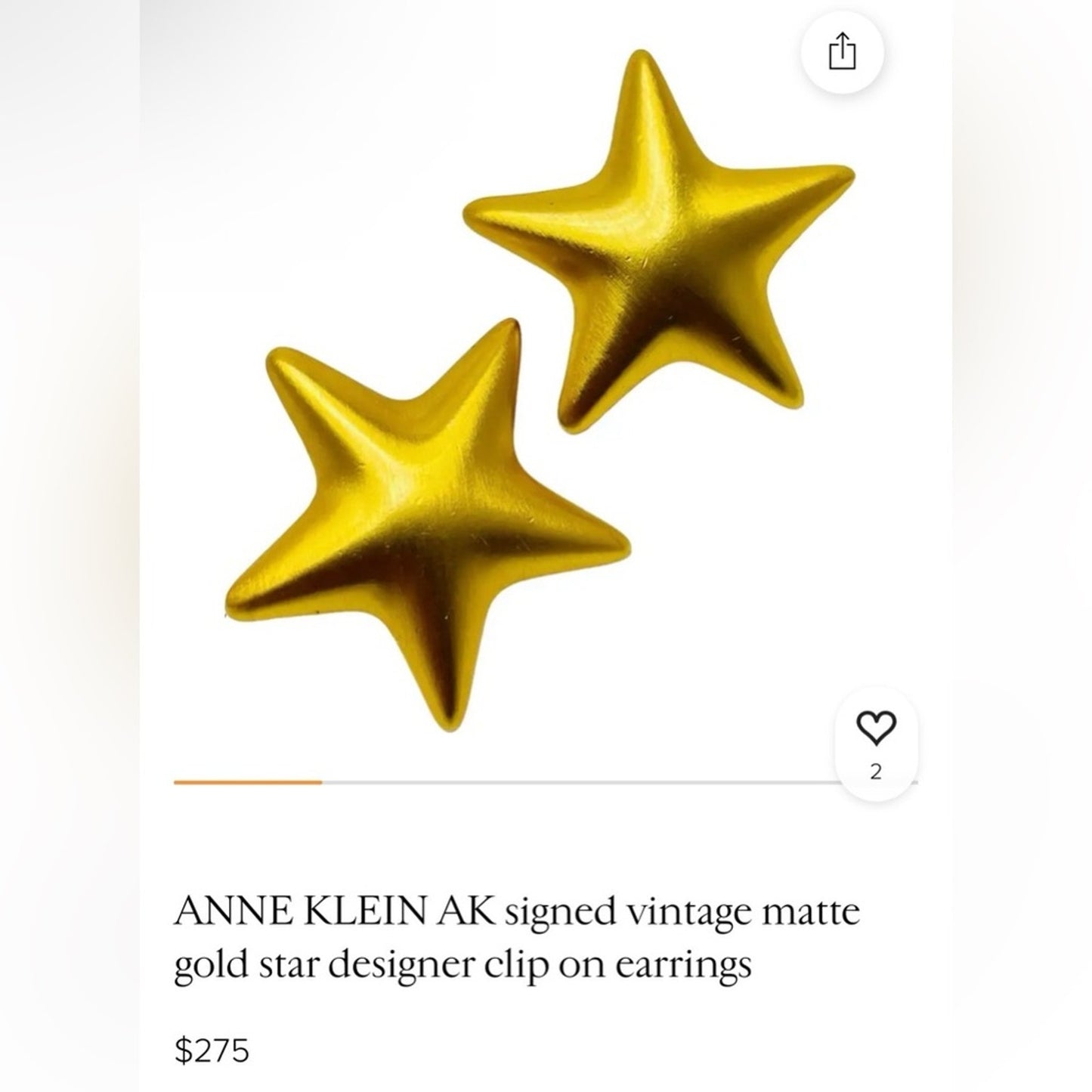 ANNE KLEIN AK signed vintage matte gold plated star designer clip on earrings