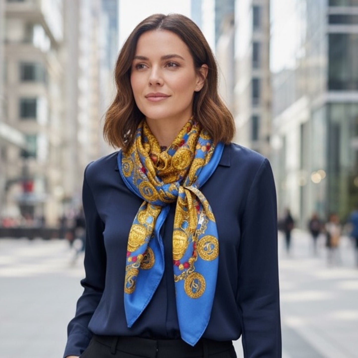 Chanel Royal Blue and Gold Chain Silk Scarf ✨