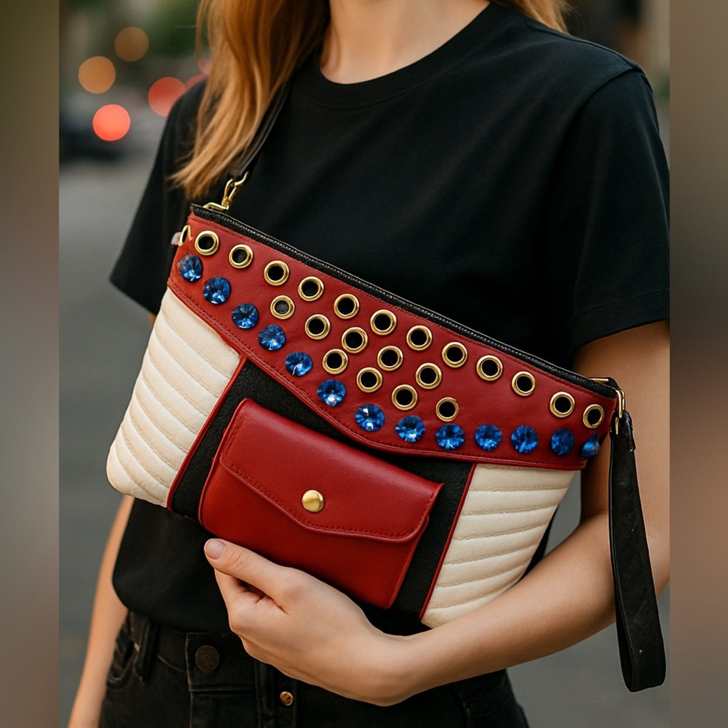 Miu Miu Nappa Biker Cry Vintage Rare red blue and white Studded Quilted Clutch✨