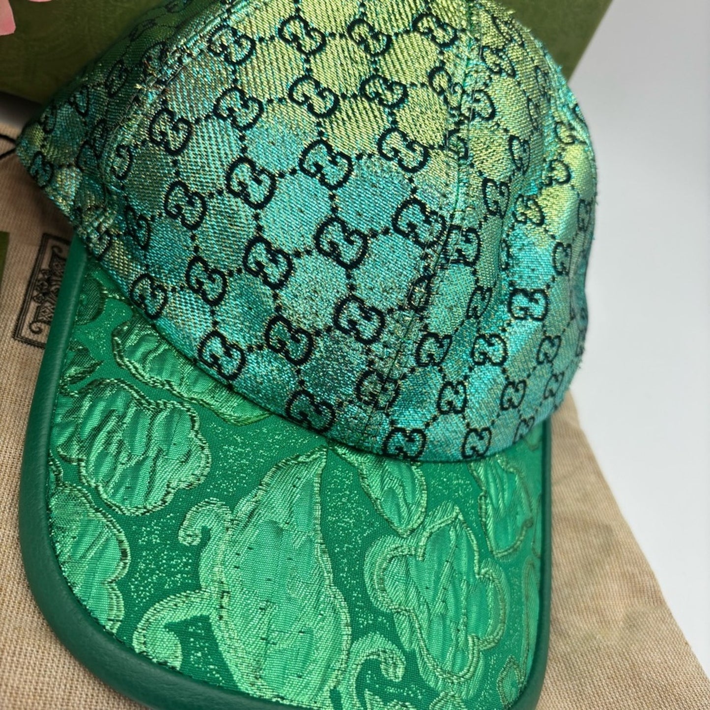 Gucci GG Emerald and Aqua Metallic Monogram Hat Baseball Cap✨