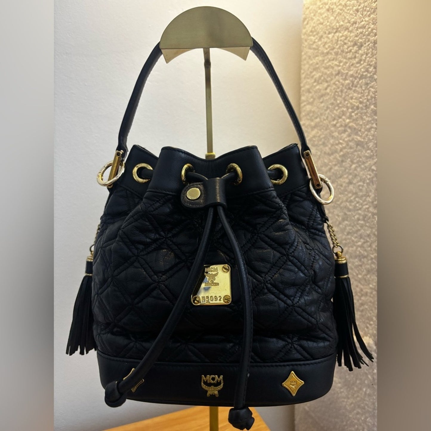 MCM Black Leather Tassel Bucket Bag