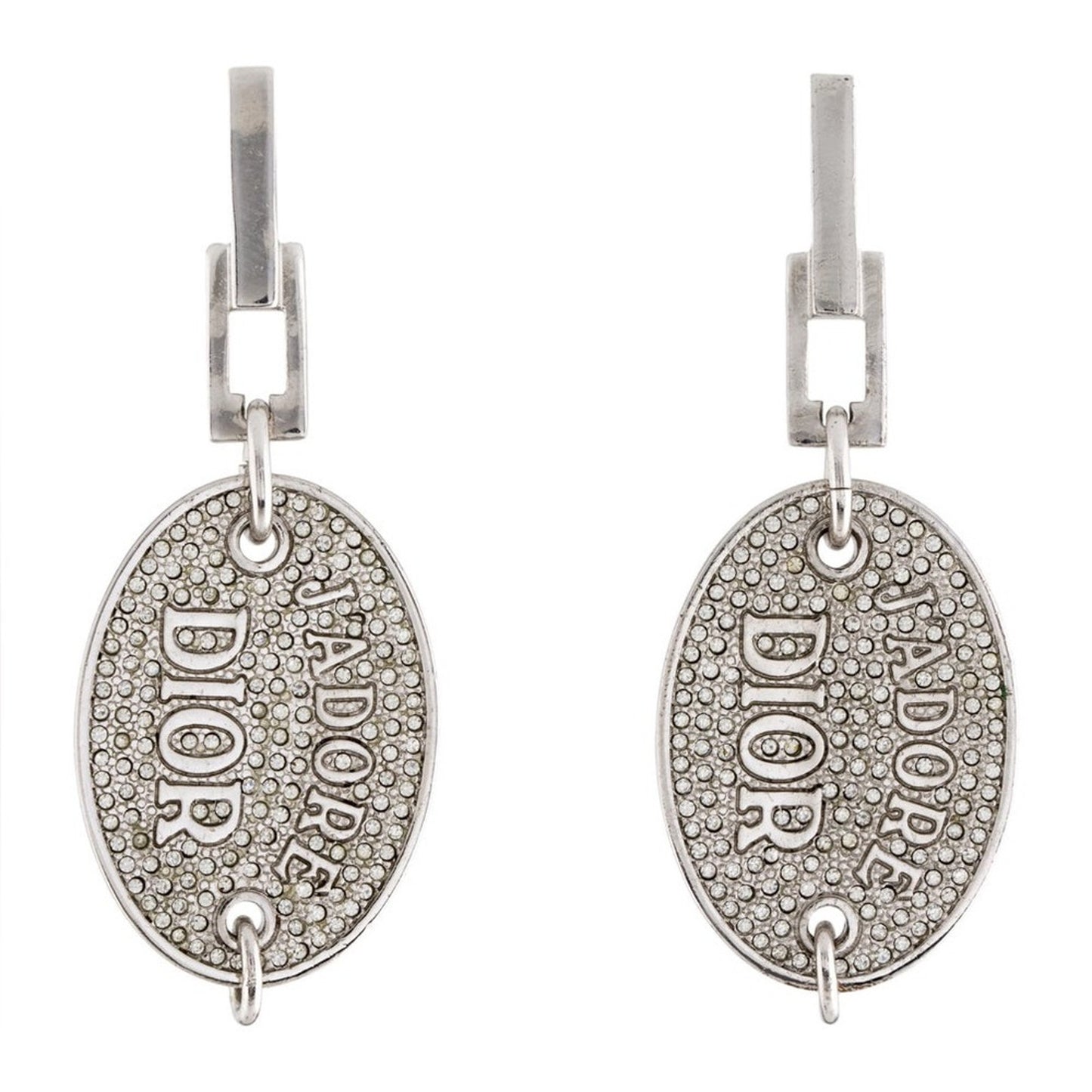 Dior Vintage Crystal J'Adore Oval Tag Drop Earrings with rhinestones