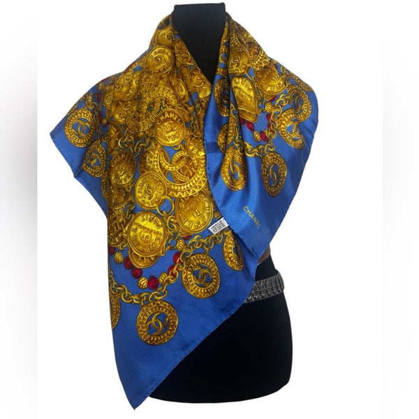 Chanel Royal Blue and Gold Chain Silk Scarf ✨