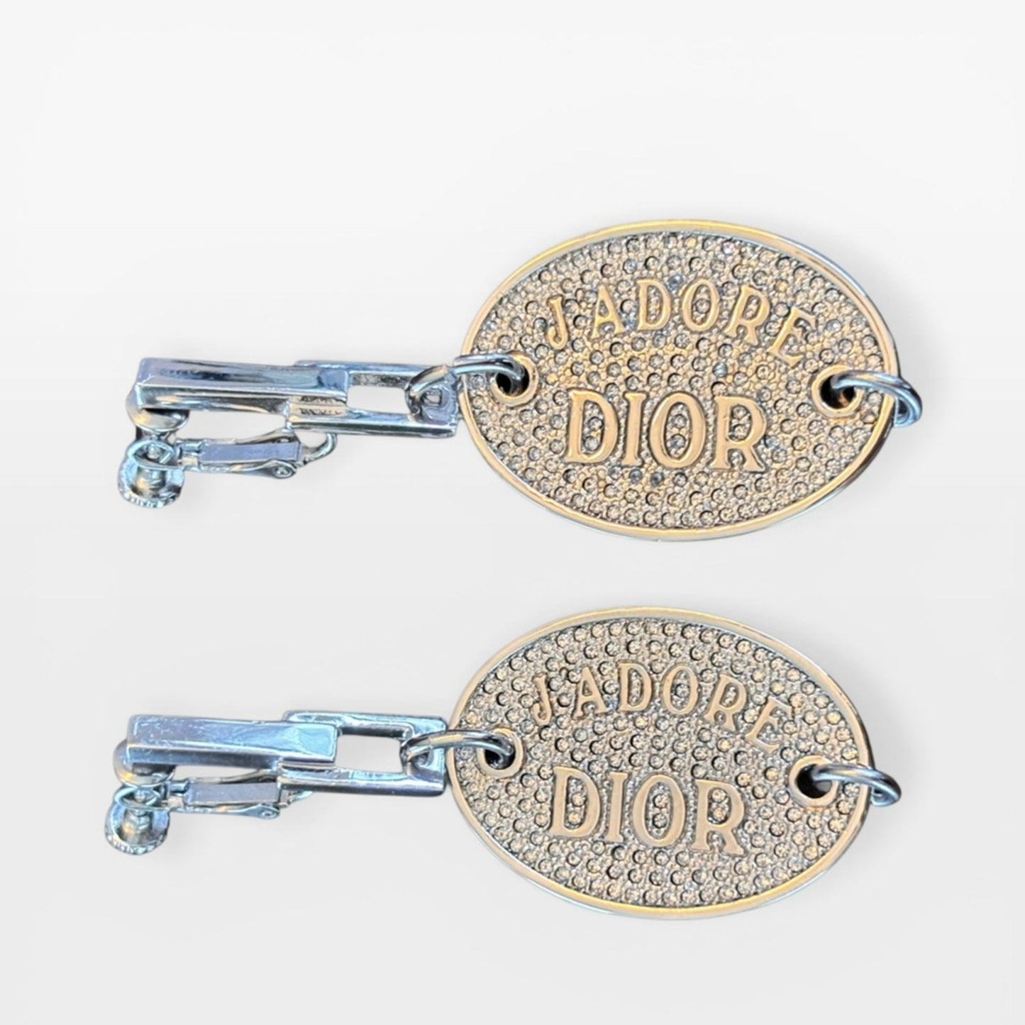 Dior Vintage Crystal J'Adore Oval Tag Drop Earrings with rhinestones