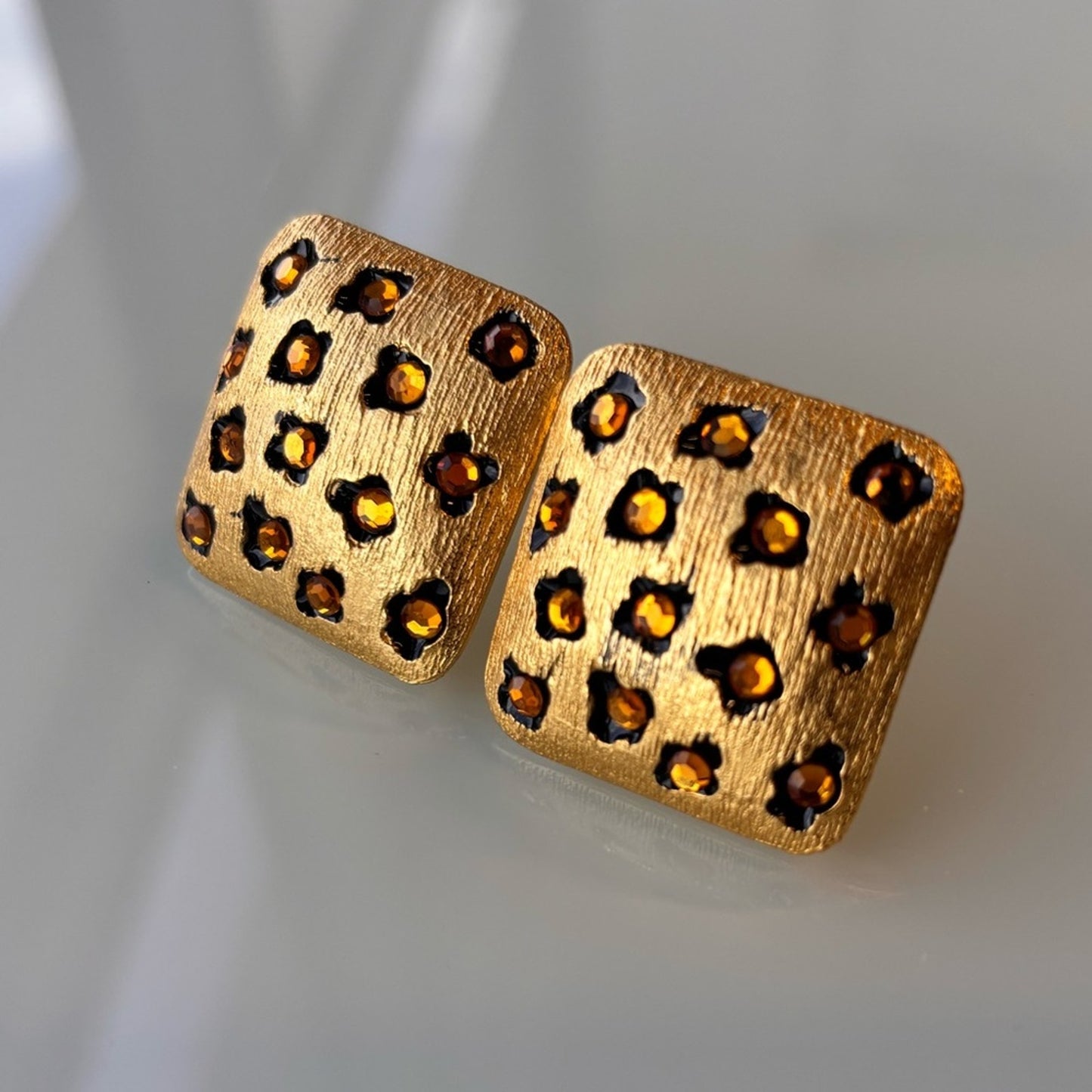 Craft Vintage Gold-Tone Leopard Crystal Square Clip-On Earrings