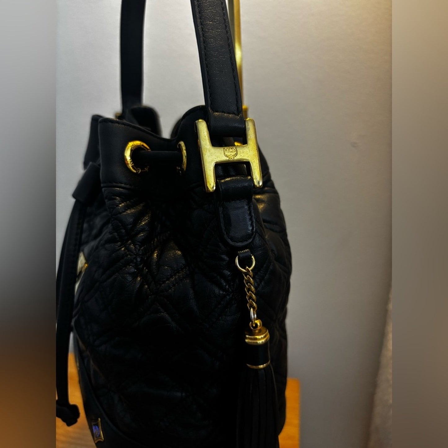 MCM Black Leather Tassel Bucket Bag