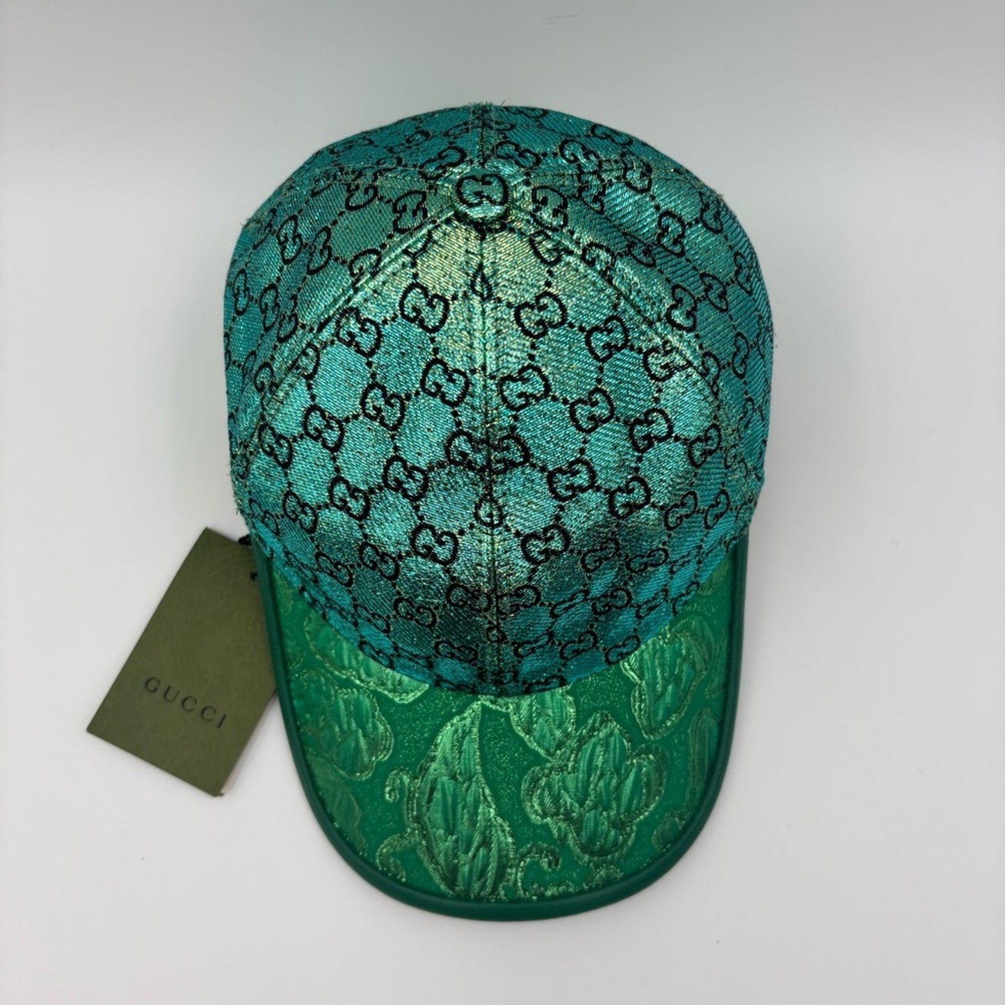 Gucci GG Emerald and Aqua Metallic Monogram Hat Baseball Cap✨