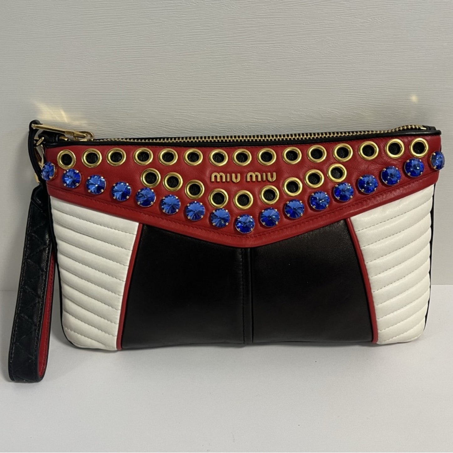 Miu Miu Nappa Biker Cry Vintage Rare red blue and white Studded Quilted Clutch✨